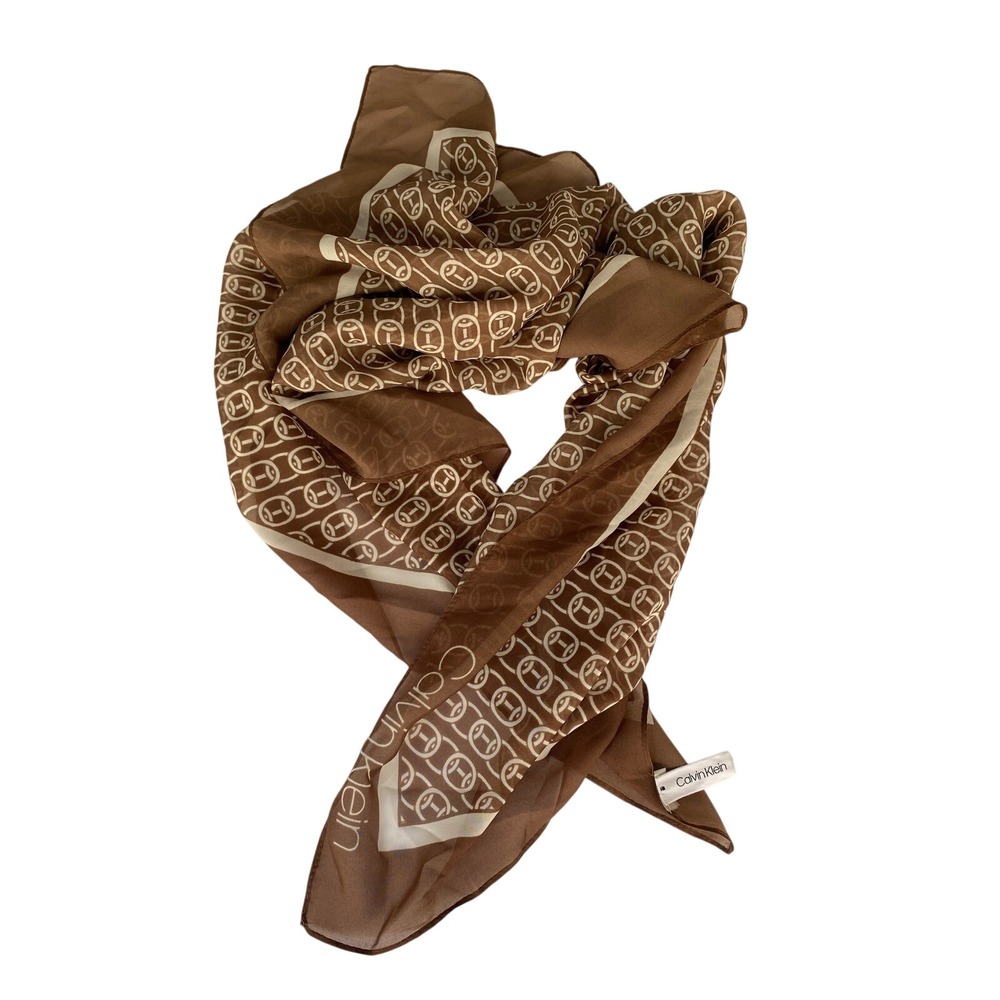 Calvin Klein Brown Cream Logo Print Square Silk Feel Scarf 35x35